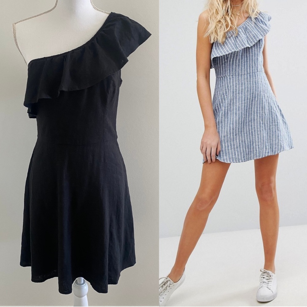 NWT Hollister Linen Blend One Shoulder Ruffle Dress Black Side Zip Lined